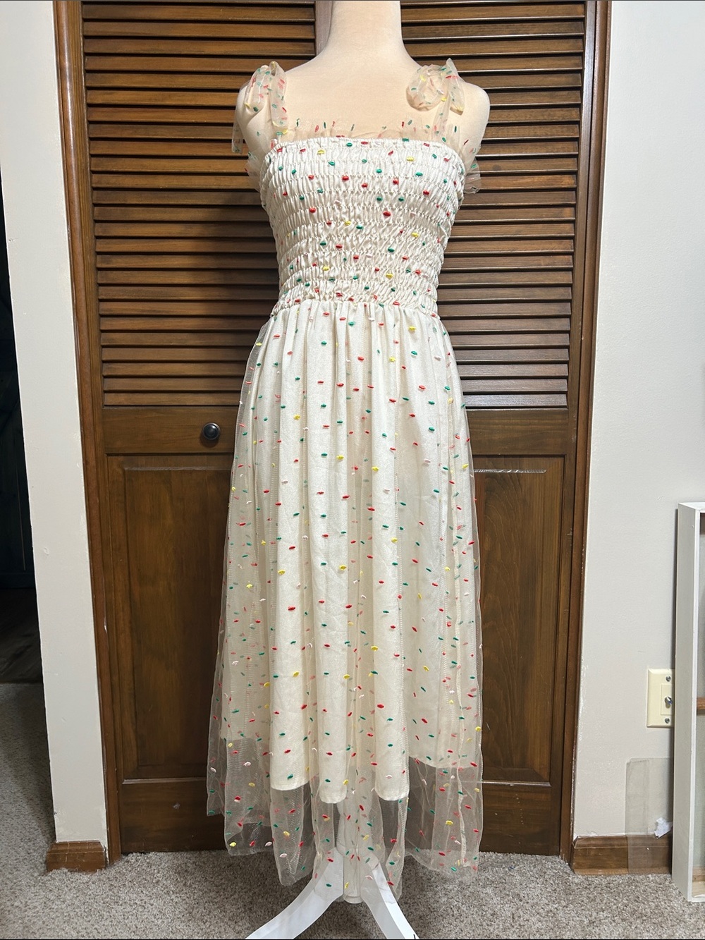 Off-White Smocked Tulle Overlay Confetti Dot Tie Straps Fairy Dress Size XS/S